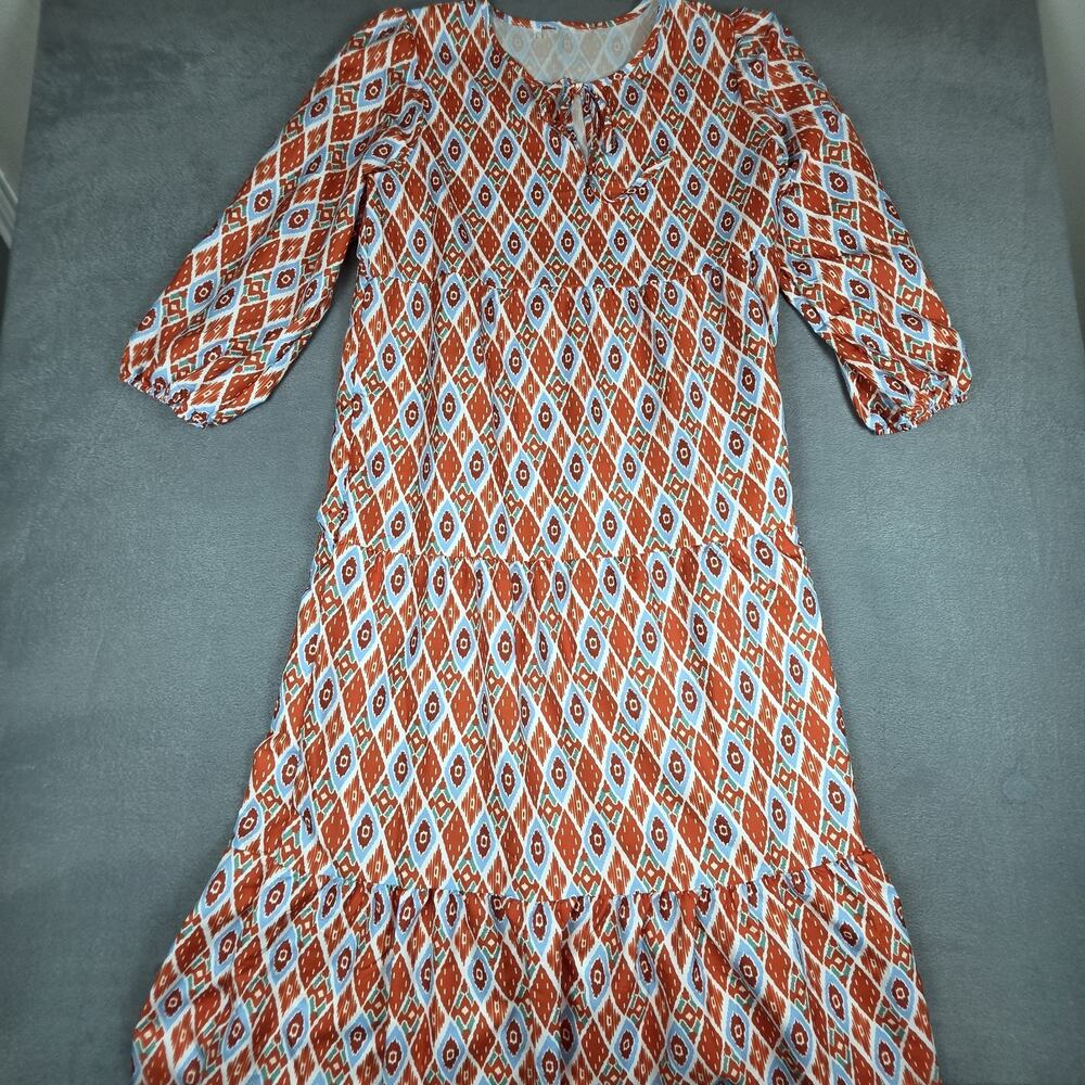 NWOT Women's Boho Geometric Print Maxi Dress Orange Blue Tie Neck Long Sleeve L